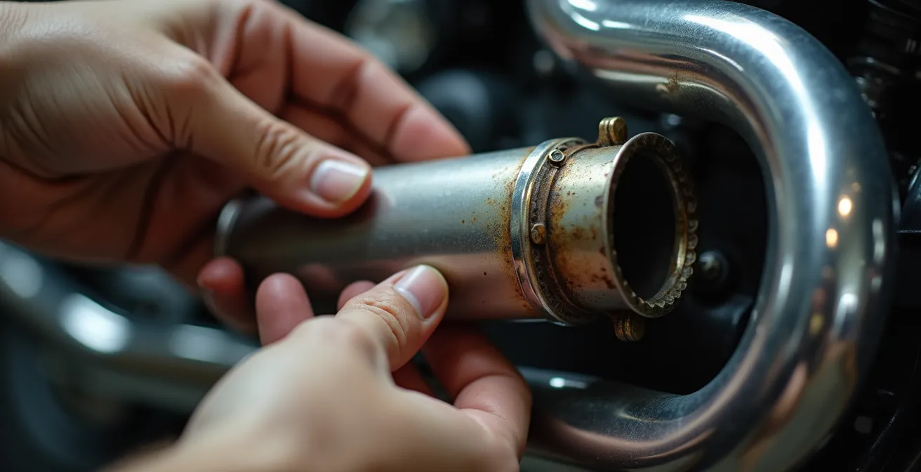 Detalle de instalación de catalizador en moto clásica en taller español