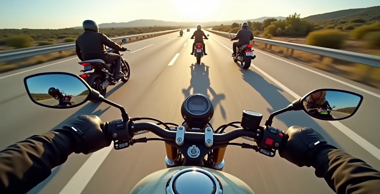 Vista desde moto mostrando procedimiento de adelantamiento en grupo en autovía