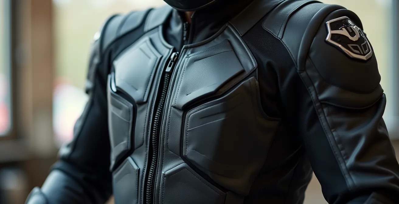 Motorista ajustando correctamente chaleco airbag sobre chaqueta touring