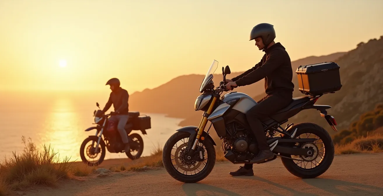 Sistema de ajuste de suspensión electrónica para dos pasajeros en una moto de turismo en una costa española.