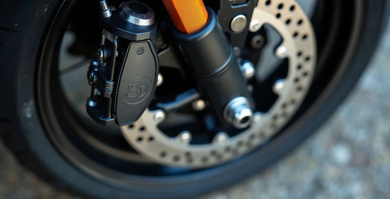 Detalle macro de un antirrobo de disco con alarma instalado en la rueda delantera de una moto, mostrando su robustez.