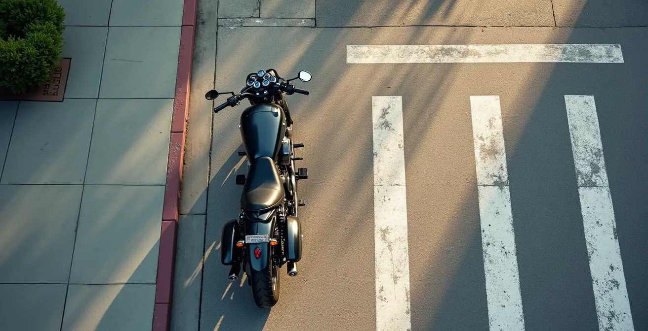 Vista superior de una moto correctamente aparcada en la acera respetando las distancias legales con el bordillo y el paso de peatones.
