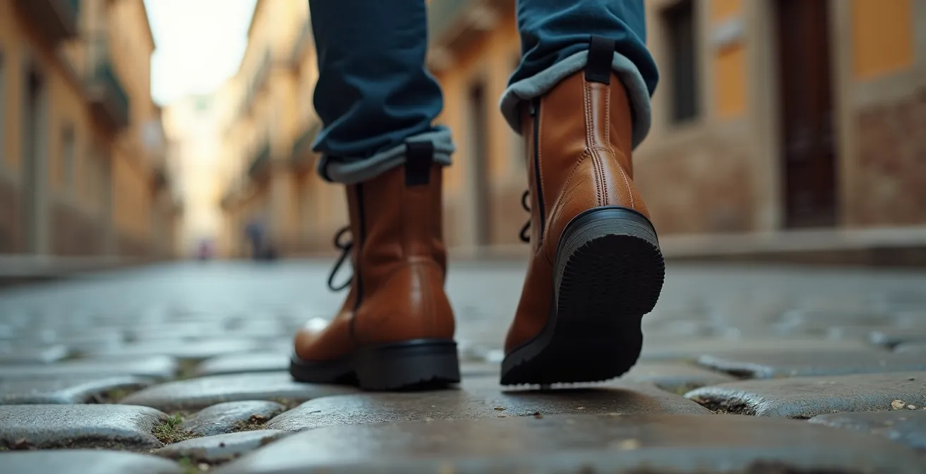 Detalle de bota de motorista híbrida sobre adoquines de casco histórico