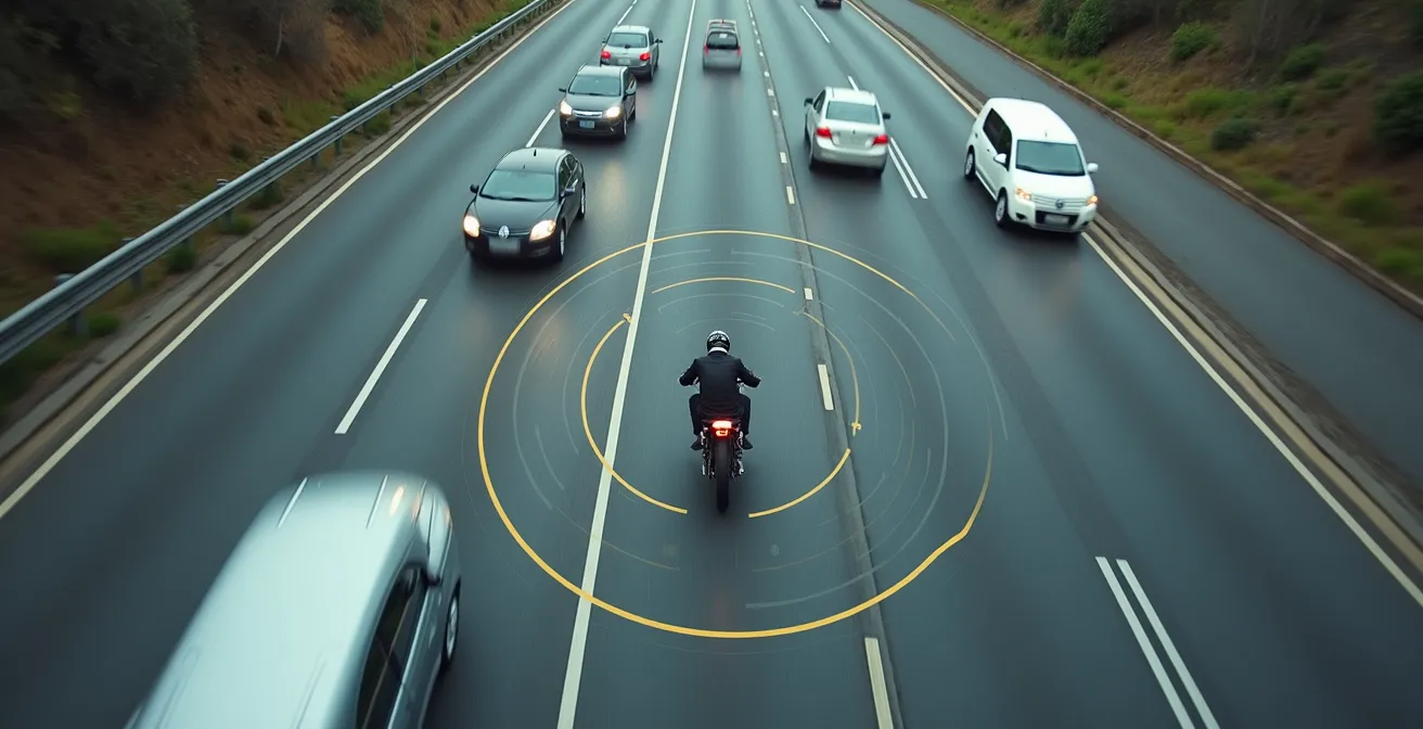 Concepto visual de burbuja dinámica de seguridad alrededor del motorista