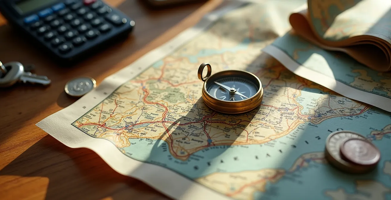Mesa de planificación con mapas de rutas españolas, calculadora y documentos de presupuesto