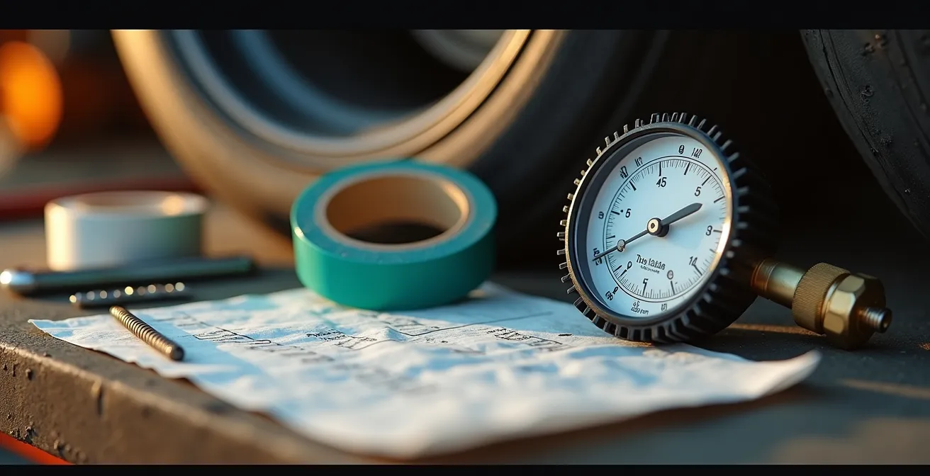 Vista macro de herramientas y elementos técnicos en el box del circuito para preparar la moto