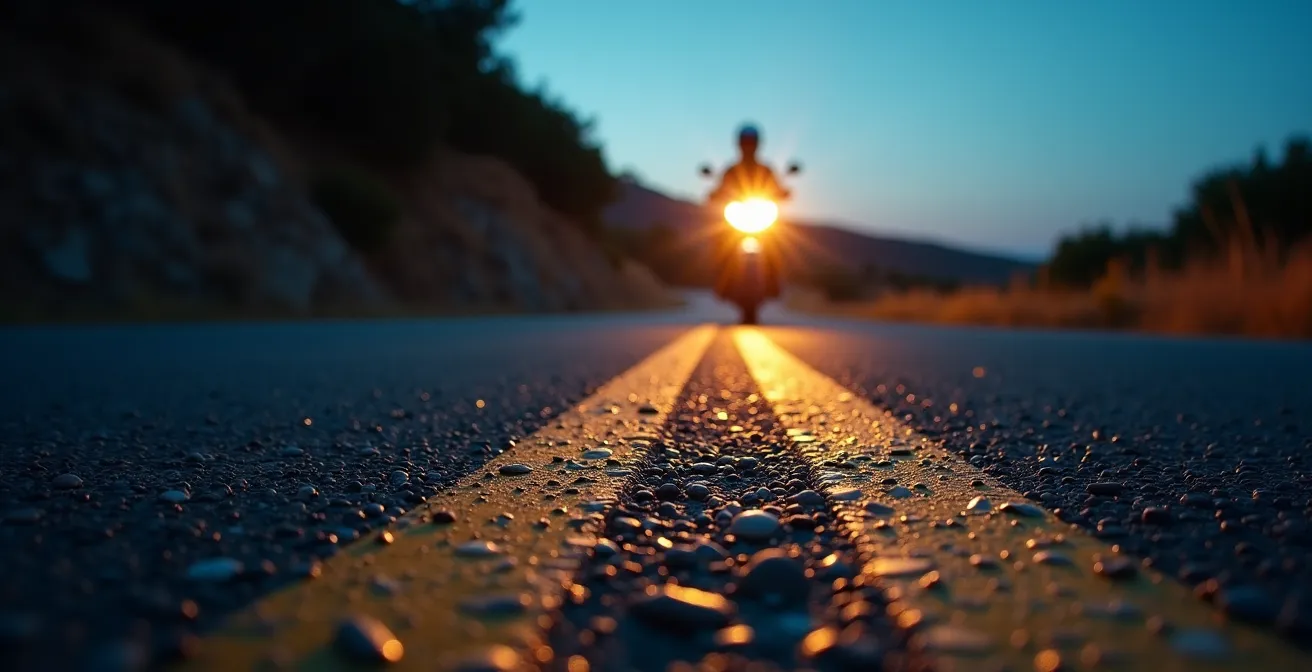 Carretera secundaria española iluminada por faro de moto al anochecer