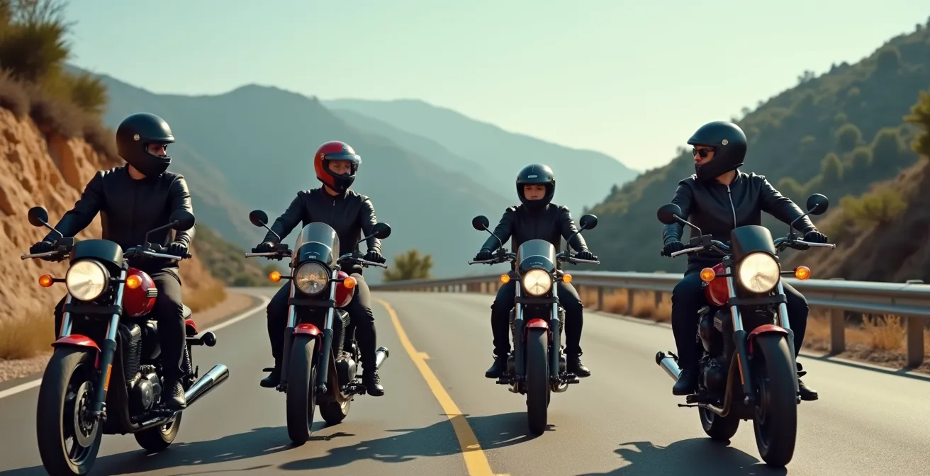 Grupo de motoristas en descanso con diferentes modelos de cascos e intercomunicadores