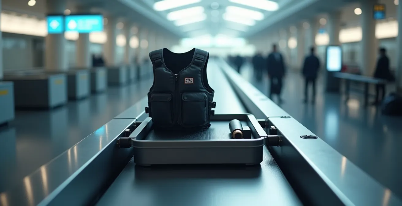 Chaleco airbag siendo inspeccionado en control de seguridad aeroportuario