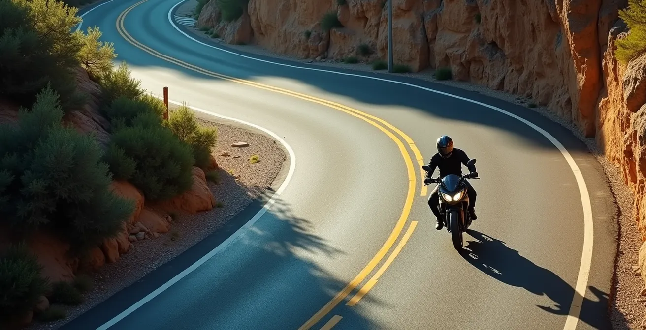 Vista aérea de una curva de radio decreciente en el Desfiladero de la Hermida mostrando la técnica del ápice tardío