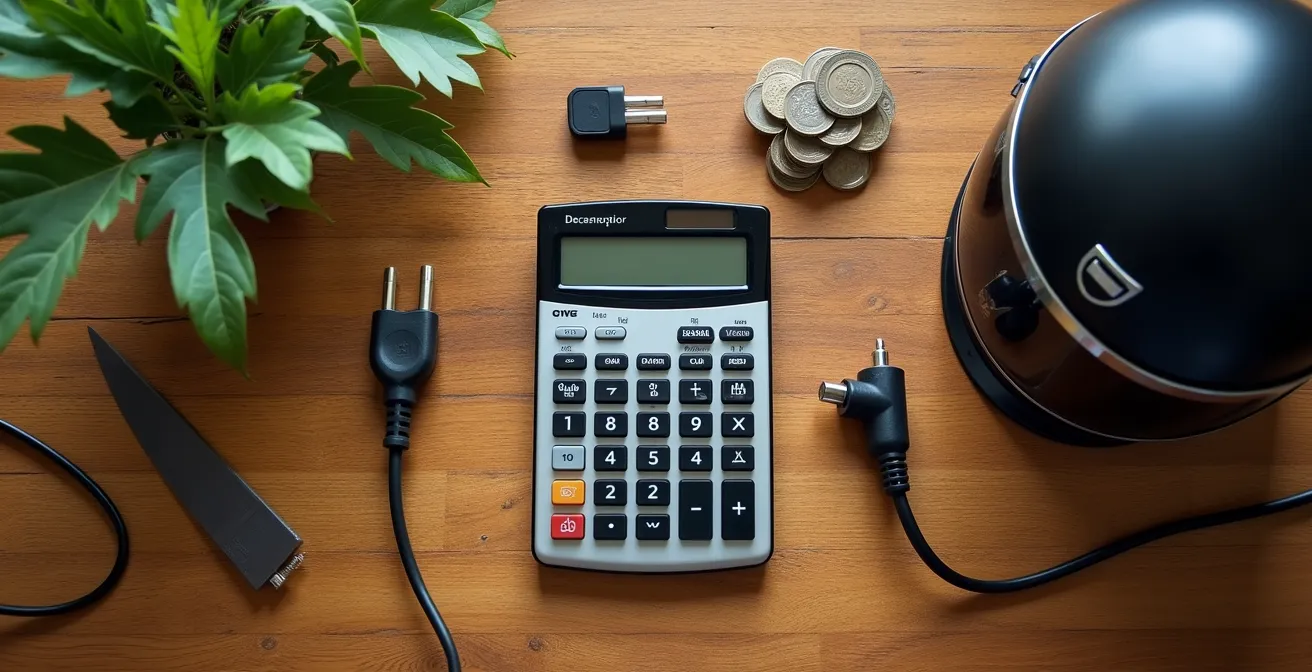 Una calculadora sobre una mesa junto a un casco de moto, una clavija eléctrica y monedas, simbolizando la decisión racional de compra.