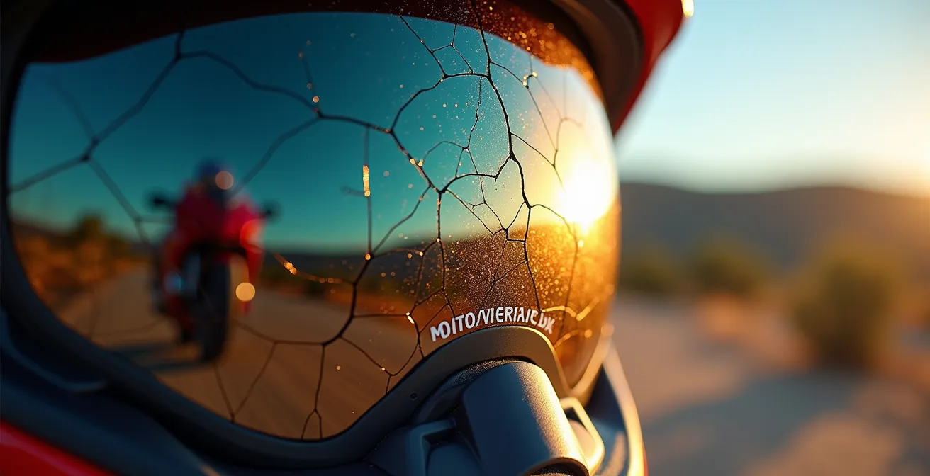 Visera de casco mostrando efectos de degradación UV bajo el sol mediterráneo