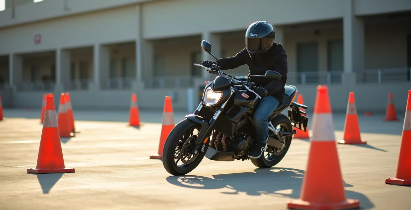 Motorista practicando slalom con conos en parking vacío
