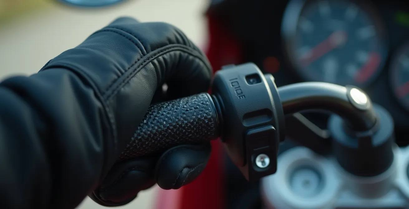 Detalle macro de mano sobre maneta de freno con efecto de vibración del ABS activado