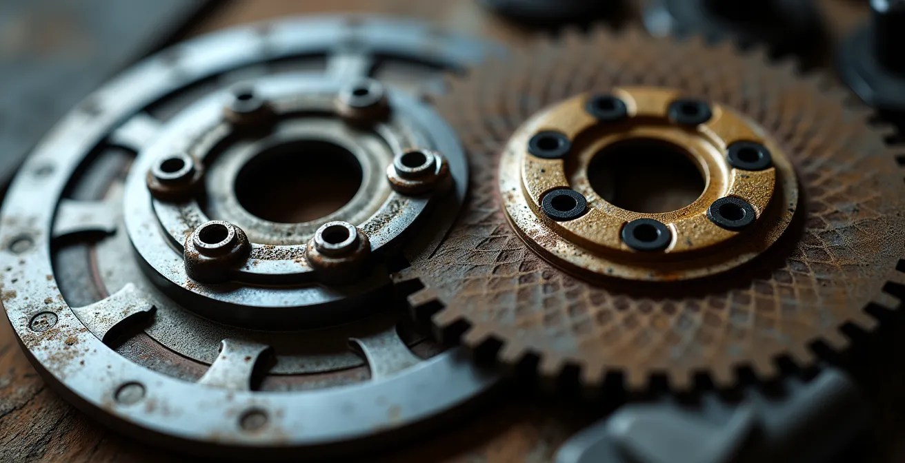 Comparación macro de discos de embrague nuevos y desgastados