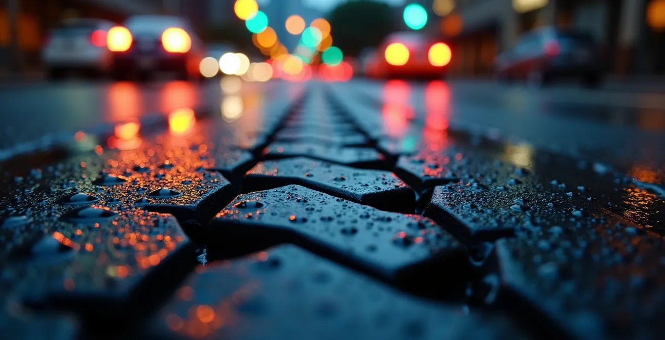 Comparación visual de distancia de frenado en asfalto seco y mojado