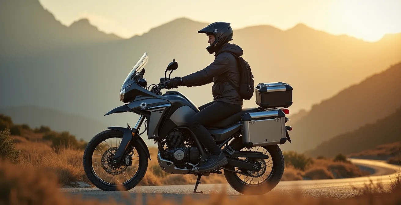 Vista lateral de motocicleta trail con equipaje mostrando la distribución equilibrada del peso