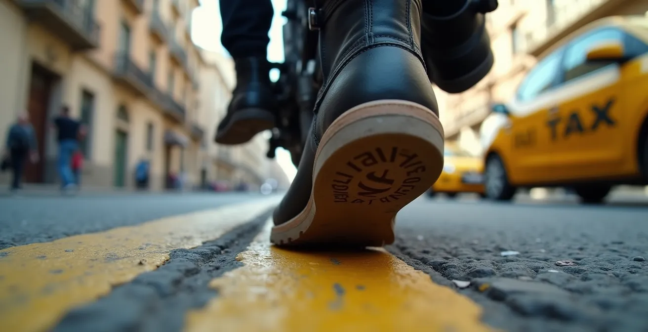 Motorista manteniendo equilibrio en atasco urbano español usando técnica de remar