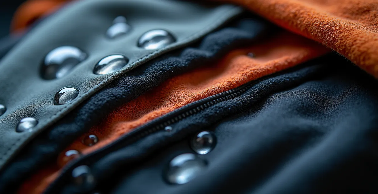 Detalle macro de tejidos térmicos y protecciones de moto para invierno