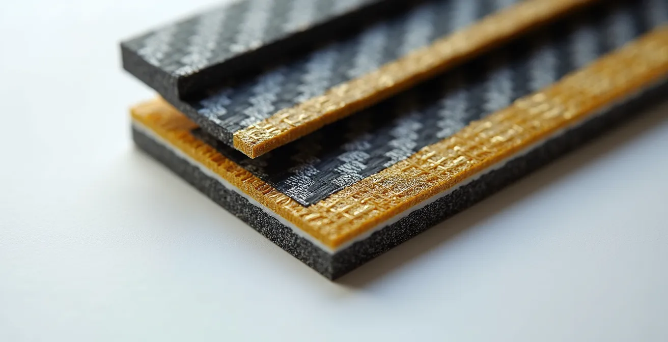 Detalle macro de las capas de fibra de carbono, Kevlar y fibra de vidrio en un casco