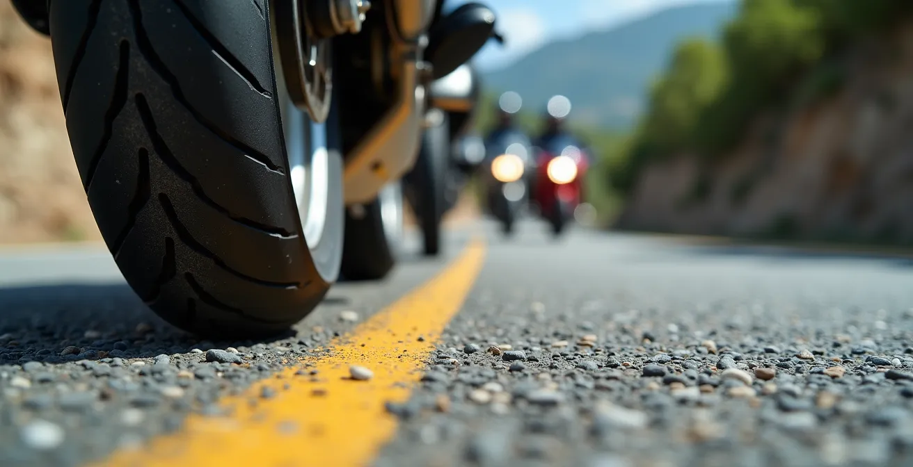 Grupo de motoristas en fila india atravesando una curva cerrada de montaña en España