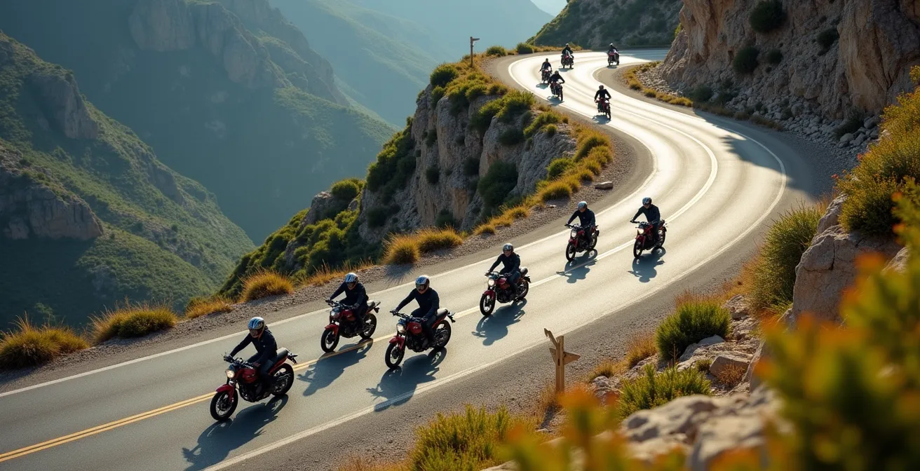 Grupo de motos manteniendo formación escalonada en curvas de puerto de montaña