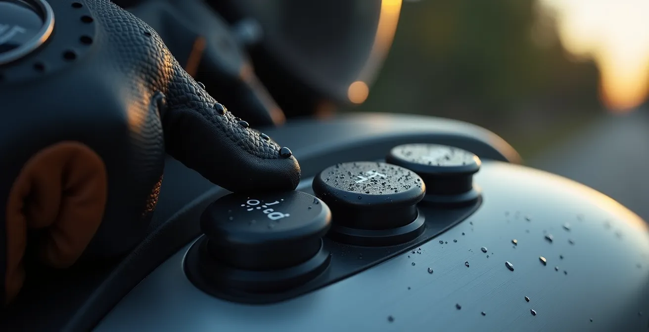 Vista macro de botones de control de intercomunicador con guante de moto