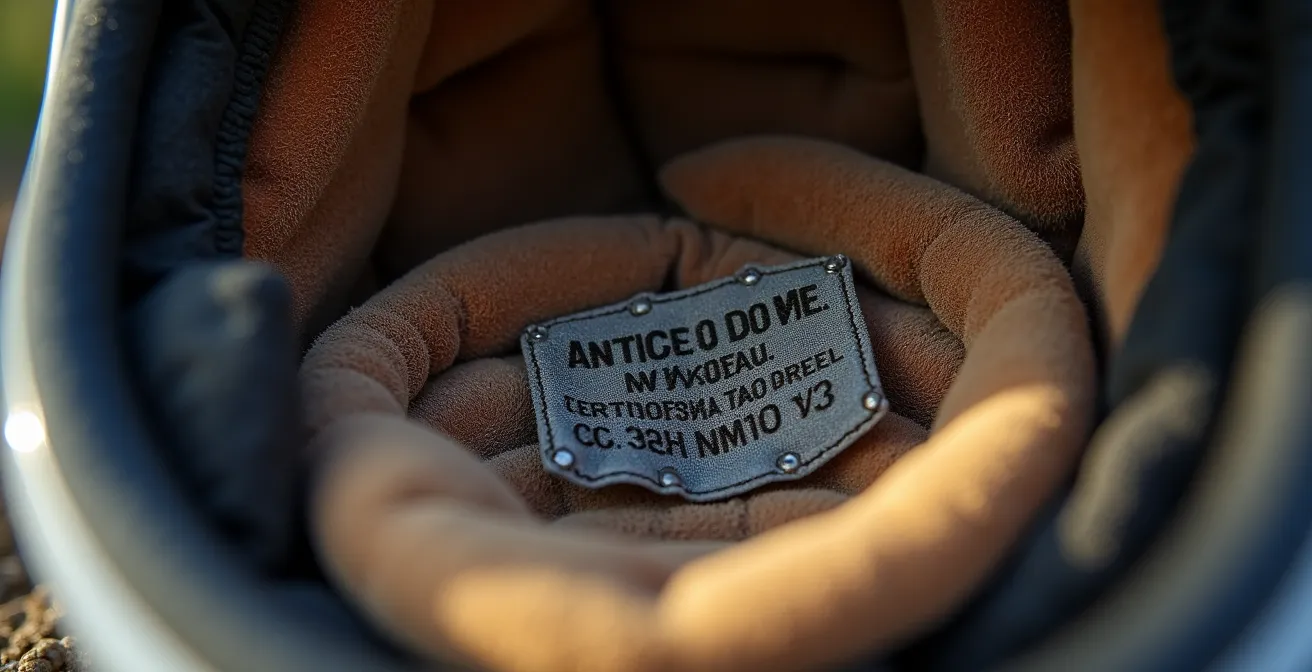 Detalle macro de etiqueta de homologación en casco de moto mostrando fecha de fabricación