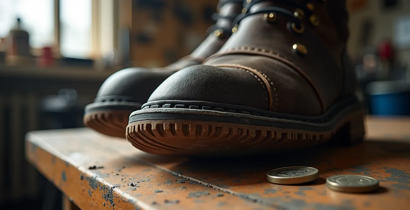 Detalle macro de suela de bota de moto mostrando patrones de desgaste