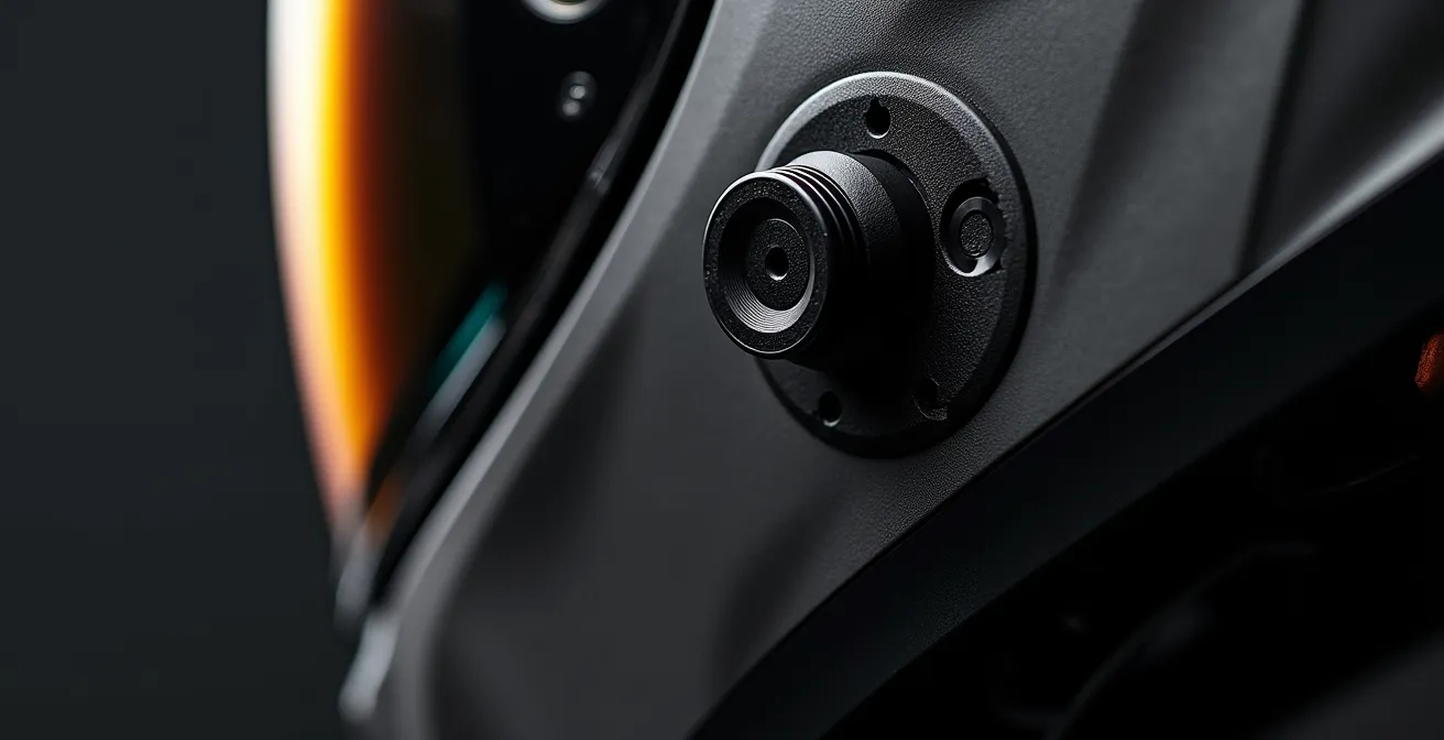 Detalle macro de instalación de intercomunicador en casco de moto
