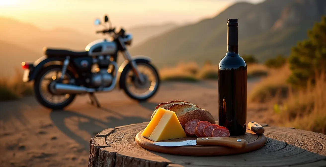 Kit de almuerzo motero con navaja, bota de vino y embutidos locales sobre manta en mirador