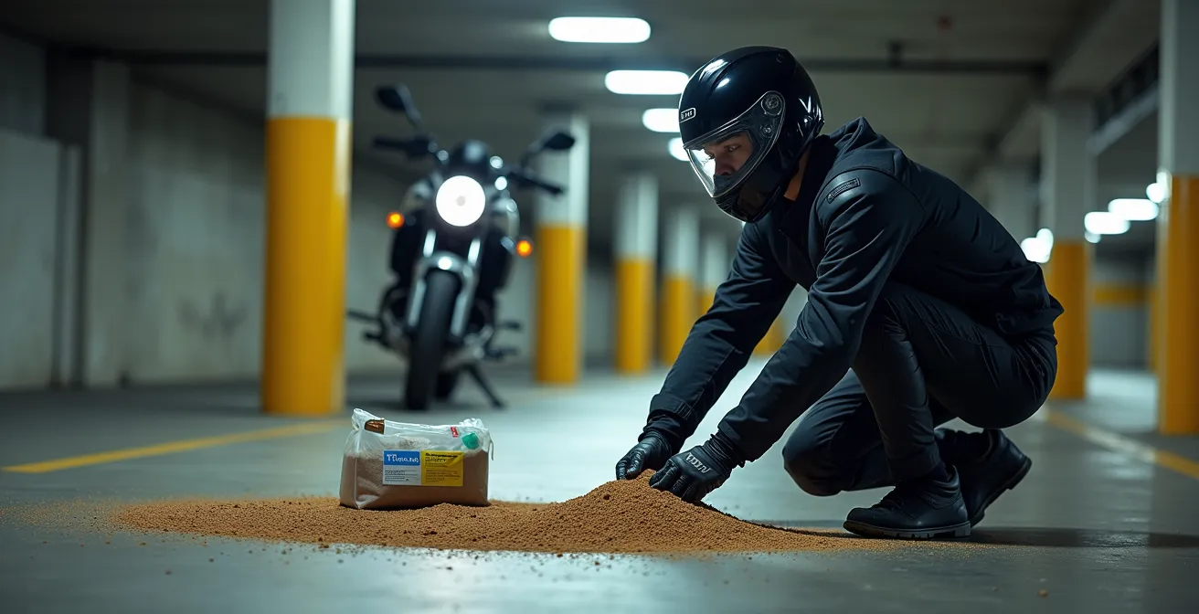 Kit de emergencia para derrames con sepiolita en garaje comunitario