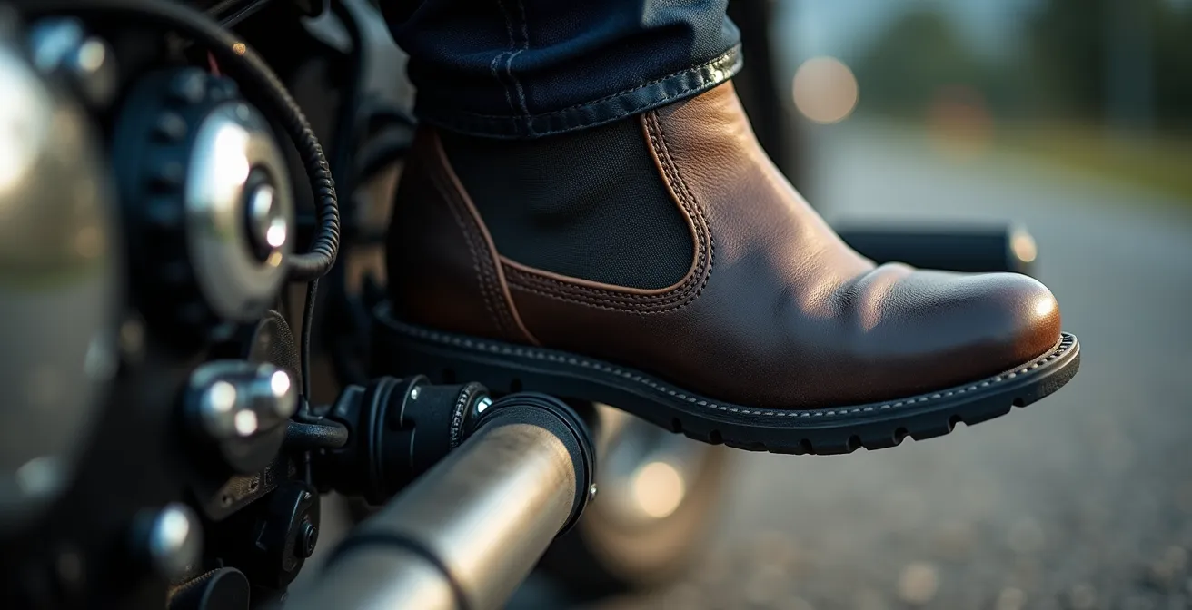 Detalle macro del pie sobre estribo durante equilibrio estático en moto