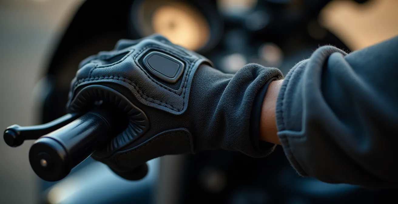 Detalle de manos con guantes en la maneta de freno de una moto