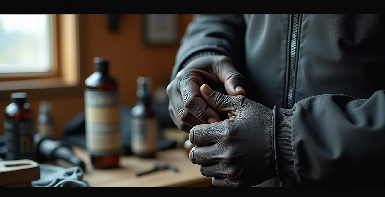 Primer plano de unas manos cuidando y aplicando un producto de mantenimiento a una chaqueta técnica de moto.