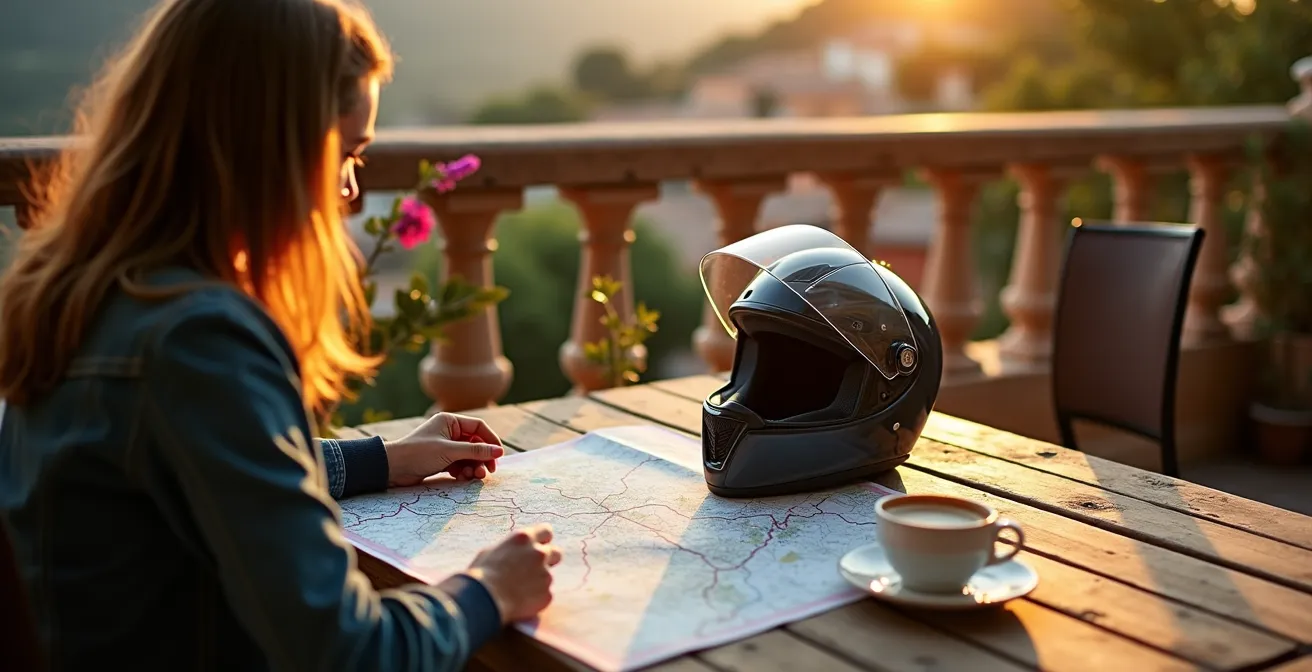 Mapa conceptual mostrando la estrategia hub and spoke con base en un pueblo español y rutas radiales de un día