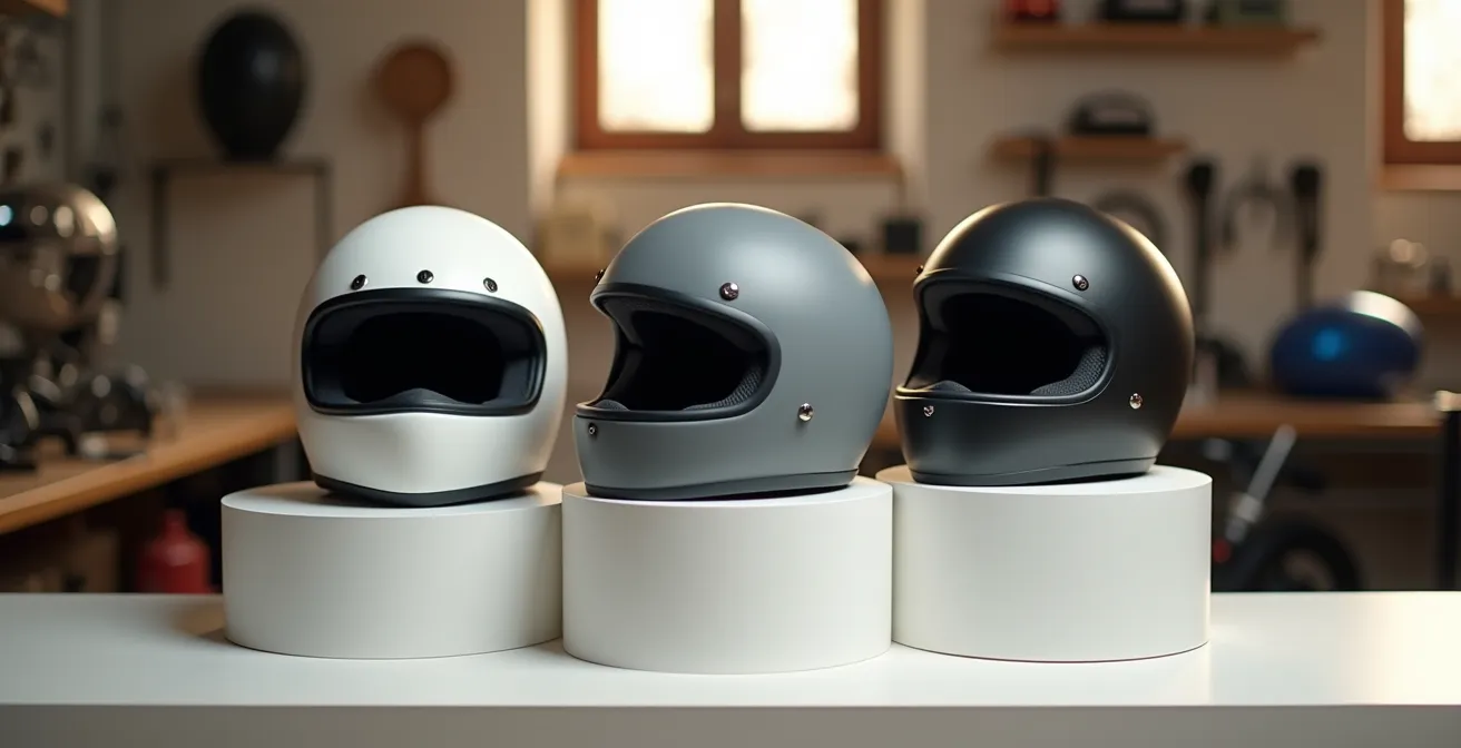 Disposición artística de cascos de diferentes gamas mostrando la relación precio-calidad