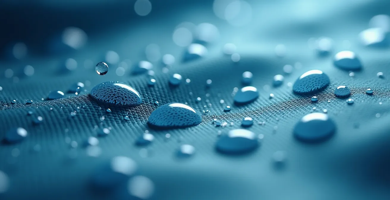 Detalle macro de membrana impermeable transpirable mostrando su textura y porosidad a nivel microscópico.