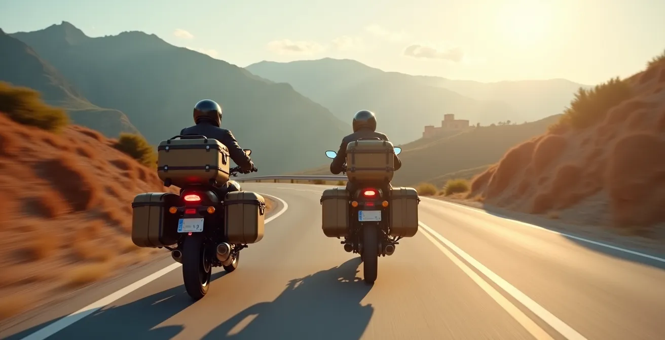 Comparación visual del efecto del momento de inercia con maletas laterales versus equipaje centralizado