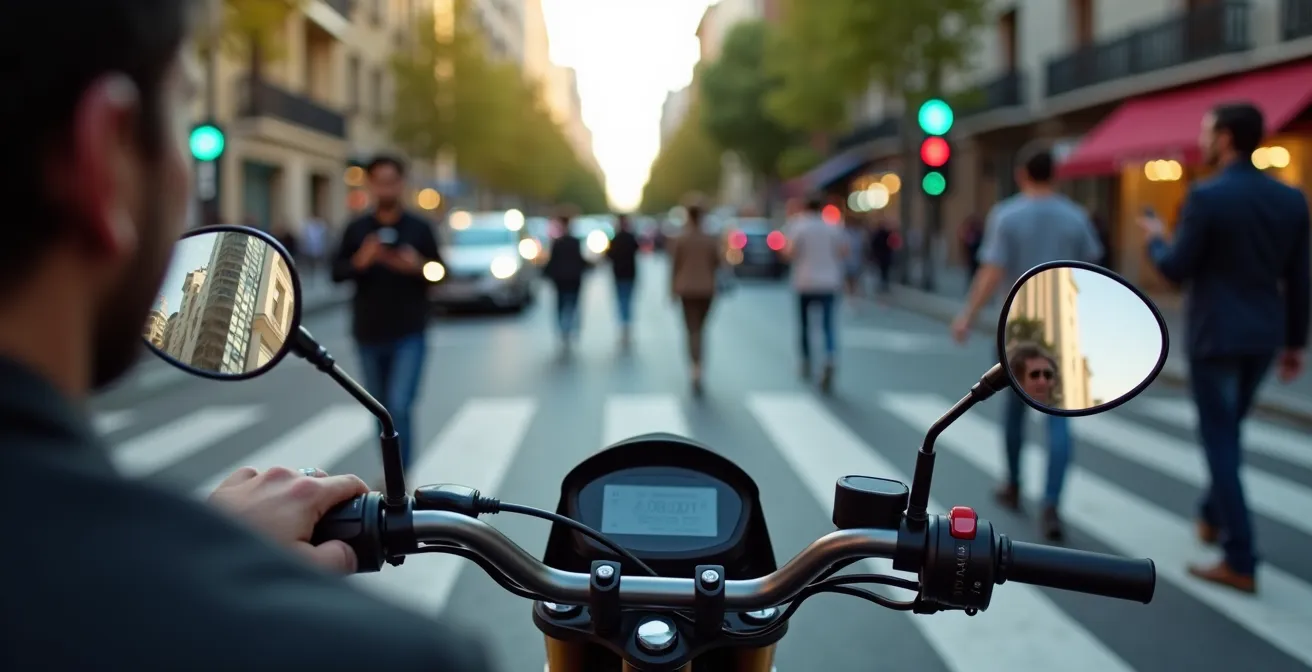 Perspectiva desde el manillar de una moto eléctrica en tráfico urbano denso, enfocando el reto de la conducción silenciosa