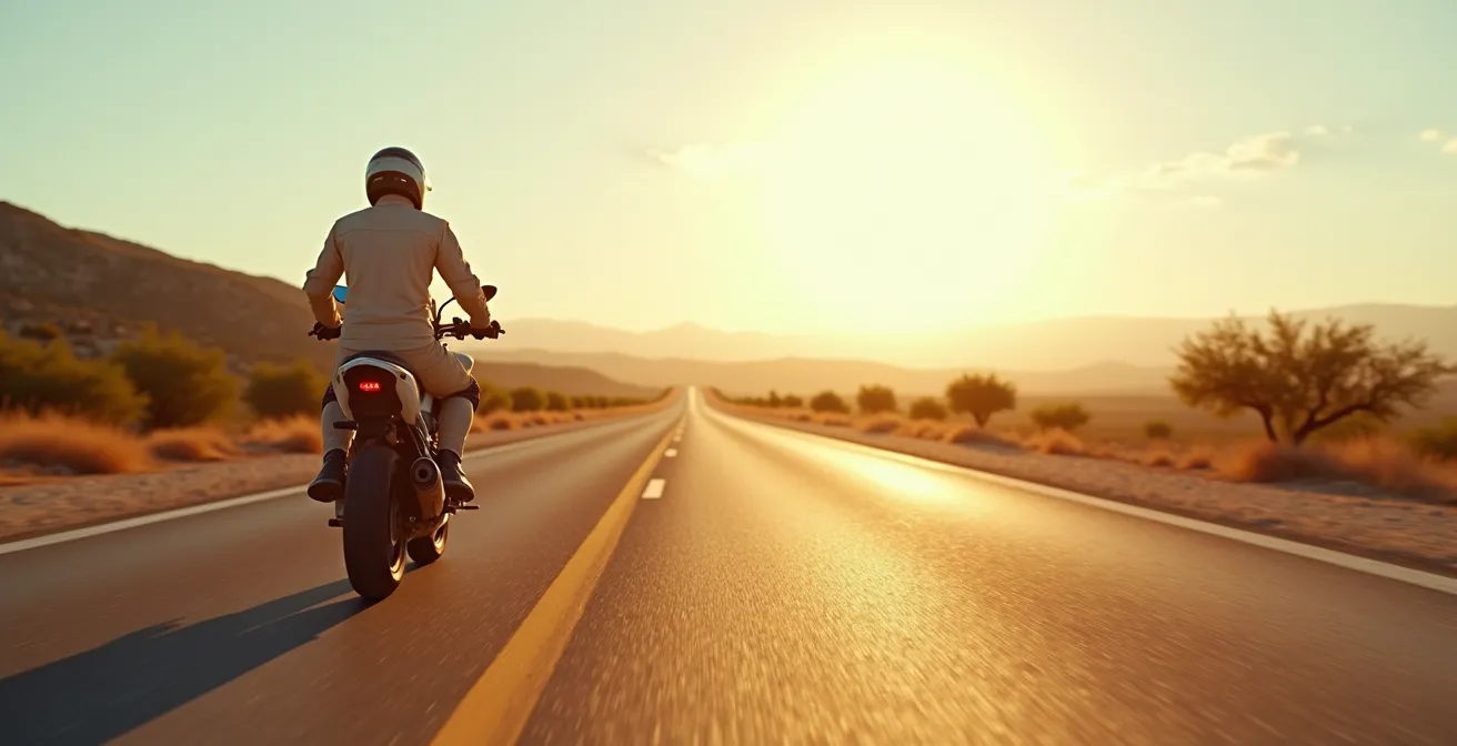 Motorista con equipamiento ventilado técnico en carretera española bajo el sol de verano