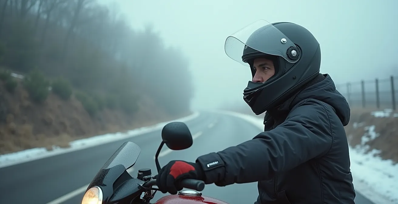 Motorista con guantes limpiando visera de casco en ambiente invernal