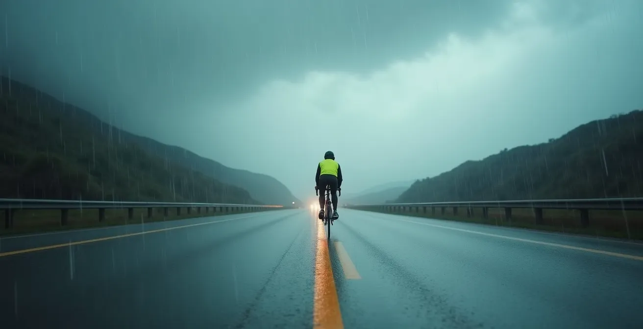 Motorista con equipo de alta visibilidad bajo lluvia intensa en carretera española