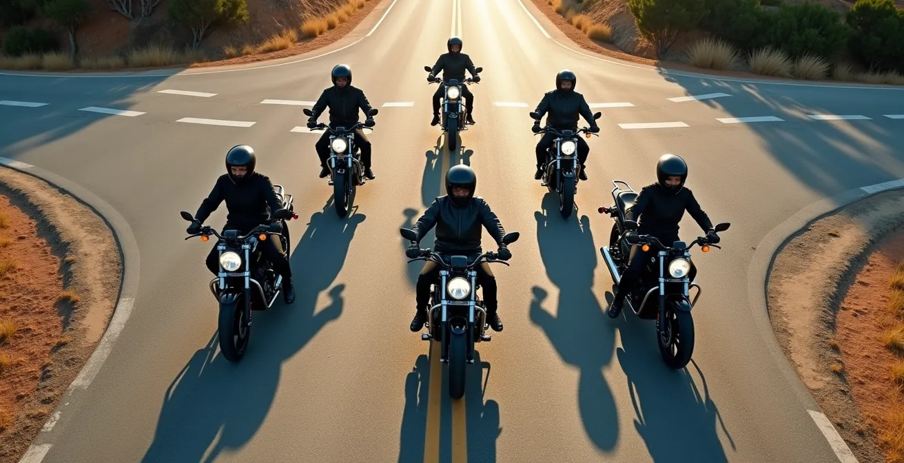 Vista cenital de grupo de motos con roles asignados en formación de zigzag en una carretera española