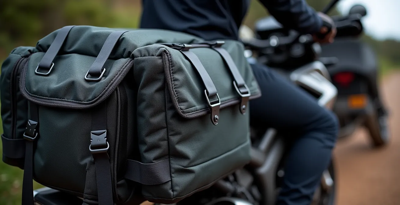 Sistema modular de equipaje para moto trail con maletas laterales y bolsa superior organizadas