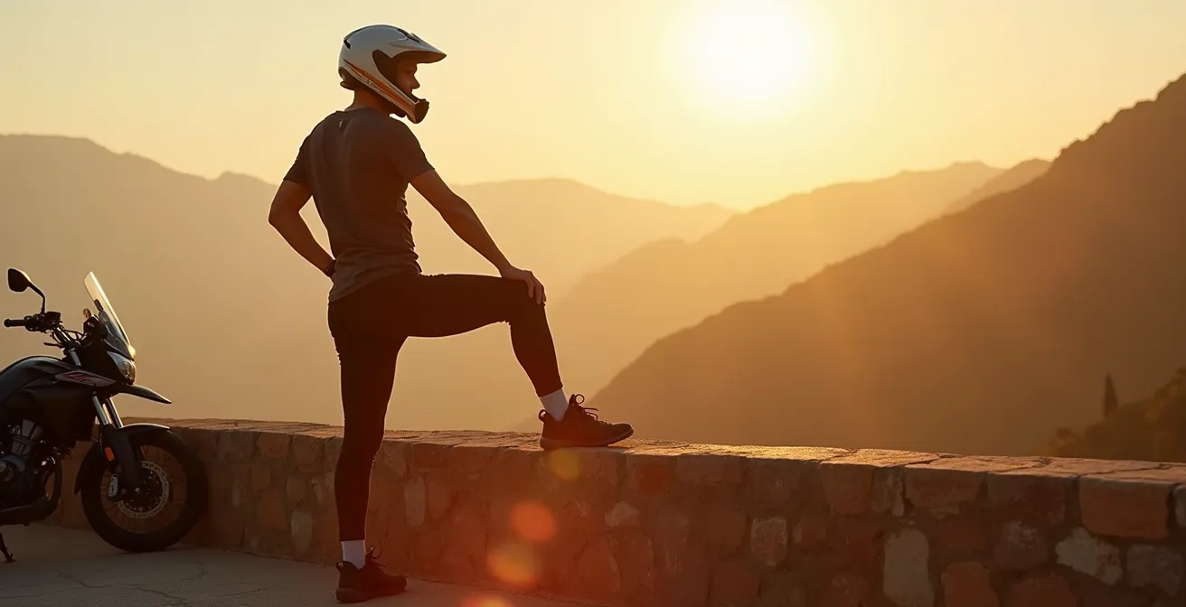 Motorista realizando estiramientos en mirador con vistas panorámicas