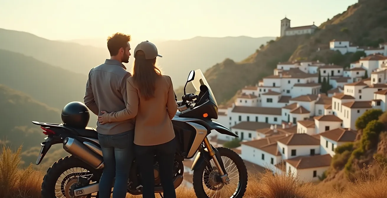 Pareja de moteros contemplando un pueblo blanco andaluz desde un mirador junto a su moto de turismo.