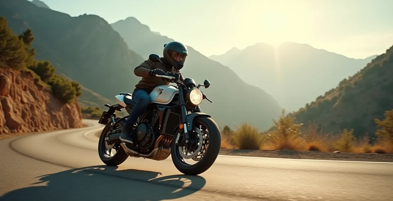 Motociclista aplicando freno trasero en curva de montaña española con técnica trail braking