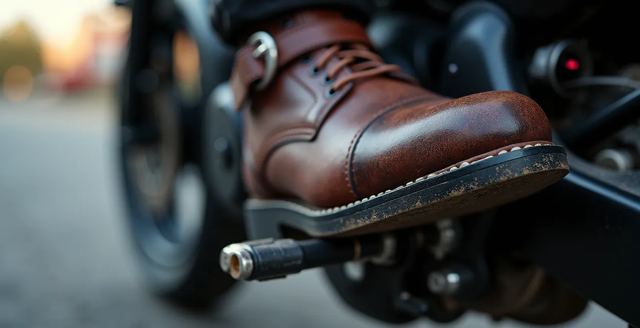 Detalle macro de la posición del pie en la estribera mostrando el ángulo correcto