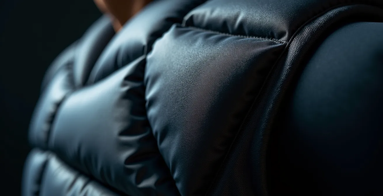 Detalle macro del airbag inflado protegiendo la zona del hombro y clavícula